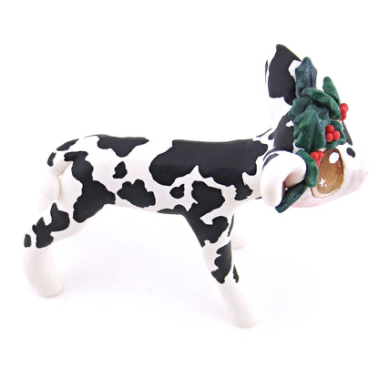 Black Holstein Cow with Holly Crown Figurine - Polymer Clay Christmas Animals