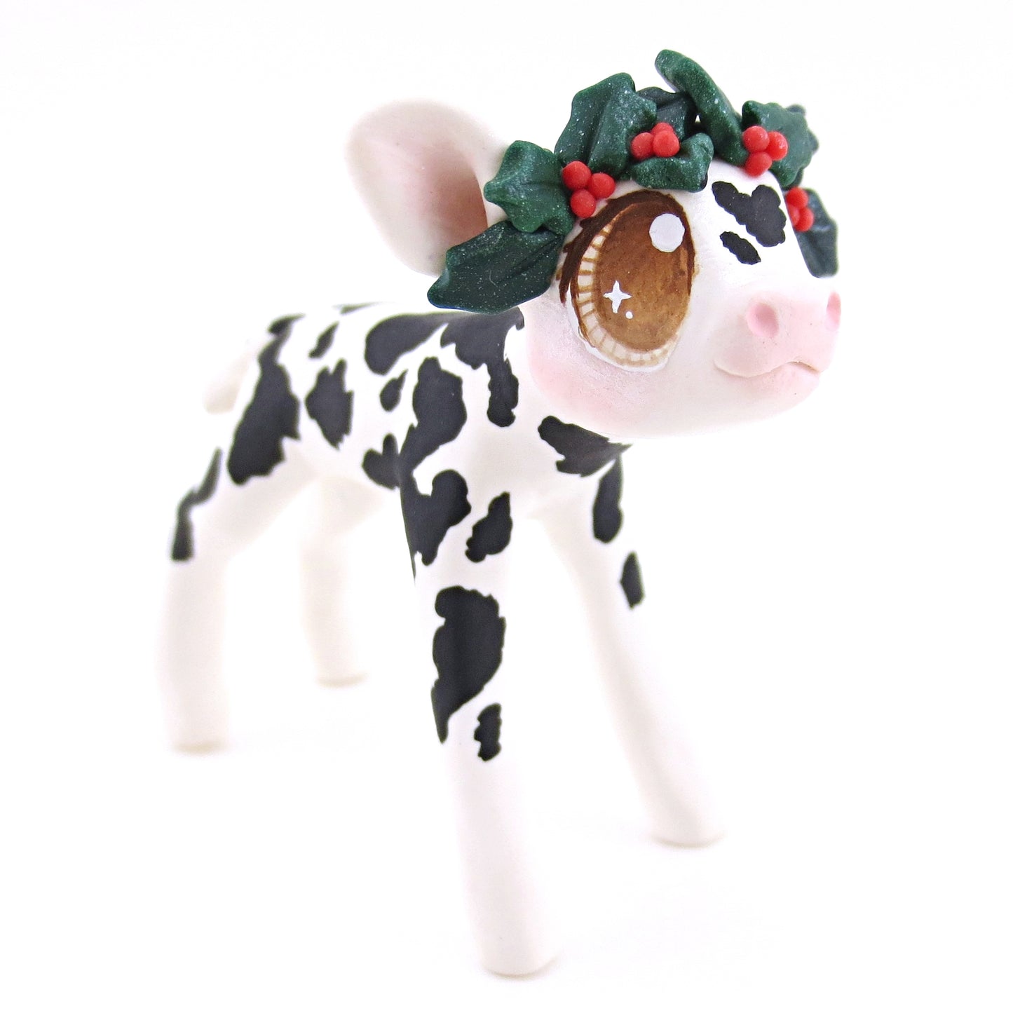 Black Holstein Cow with Holly Crown Figurine - Polymer Clay Christmas Animals