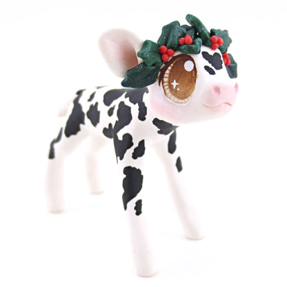 Black Holstein Cow with Holly Crown Figurine - Polymer Clay Christmas Animals