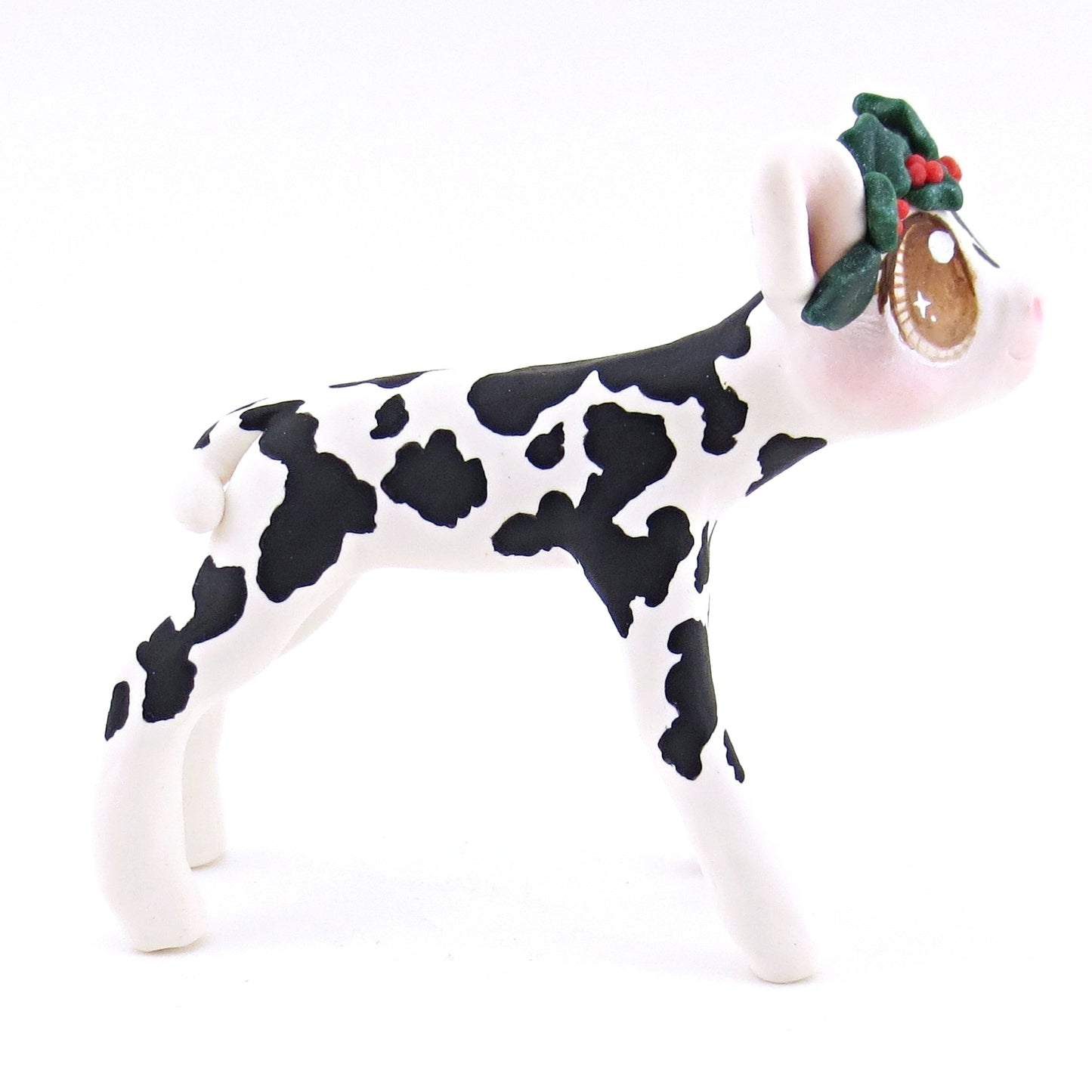 Black Holstein Cow with Holly Crown Figurine - Polymer Clay Christmas Animals