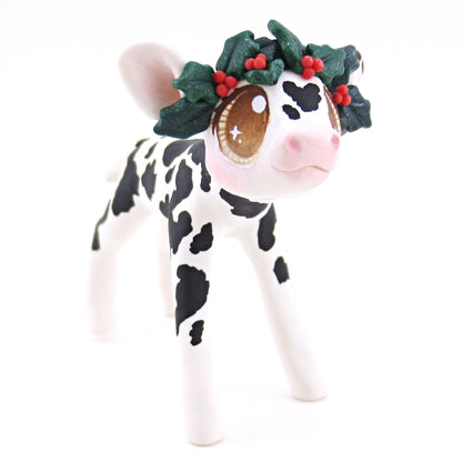 Black Holstein Cow with Holly Crown Figurine - Polymer Clay Christmas Animals