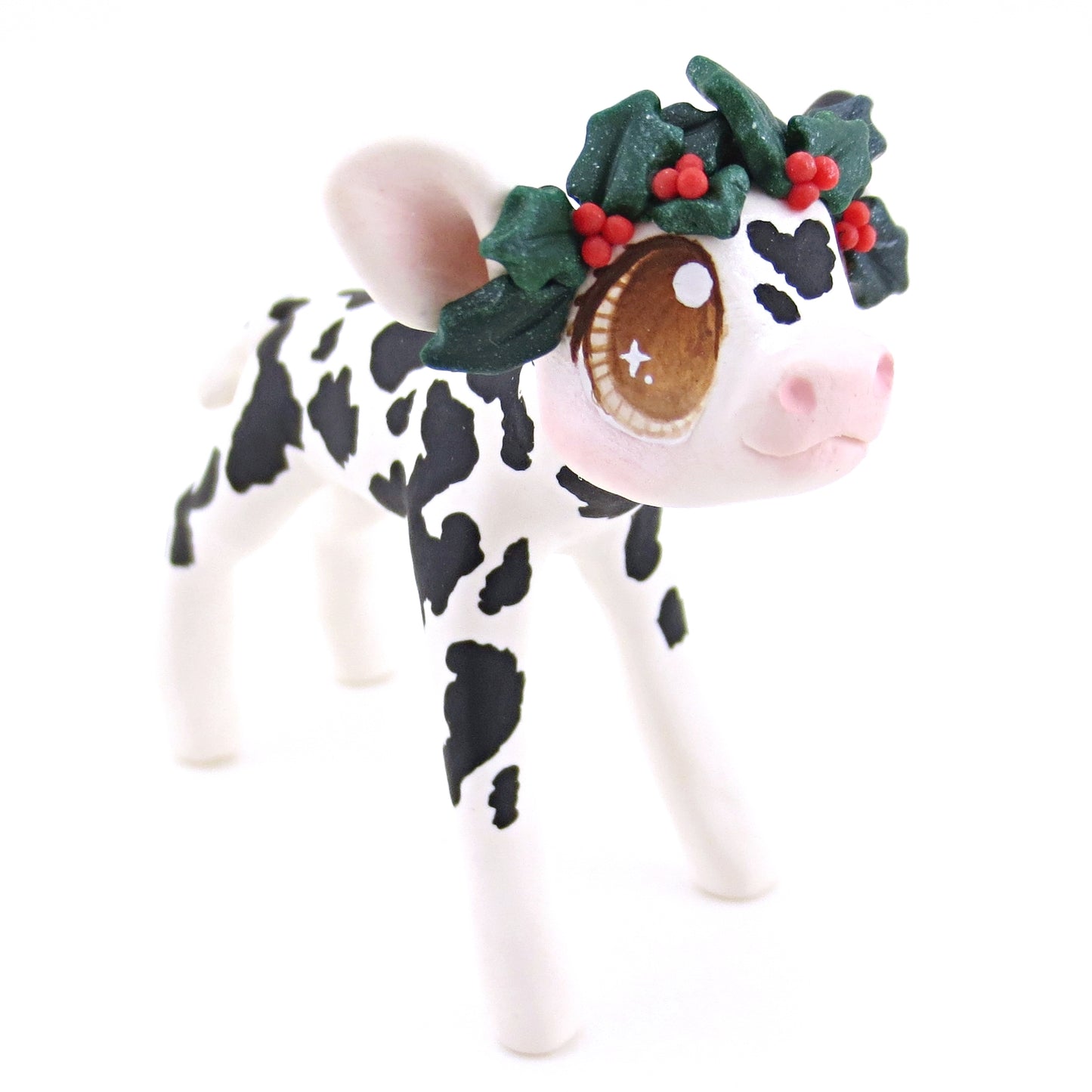 Black Holstein Cow with Holly Crown Figurine - Polymer Clay Christmas Animals