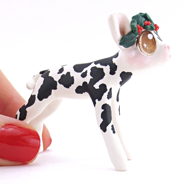 Black Holstein Cow with Holly Crown Figurine - Polymer Clay Christmas Animals