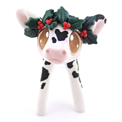 Black Holstein Cow with Holly Crown Figurine - Polymer Clay Christmas Animals