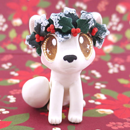 Arctic Fox with Holly Crown Figurine - Polymer Clay Christmas Animals