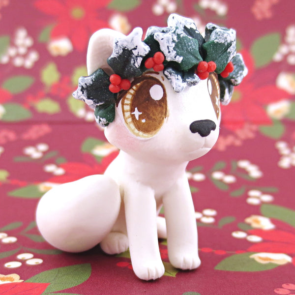 Arctic Fox with Holly Crown Figurine - Polymer Clay Christmas Animals