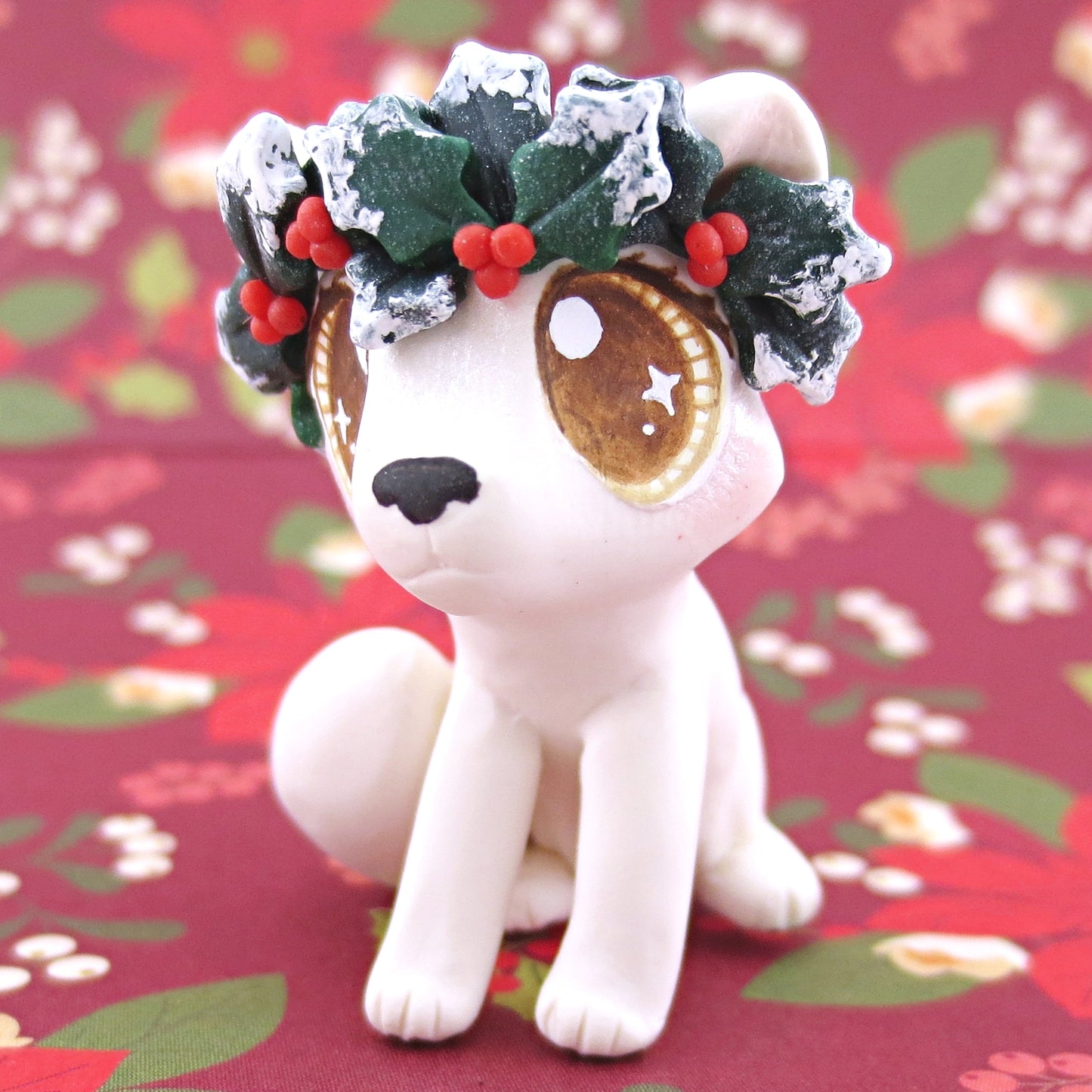 Arctic Fox with Holly Crown Figurine - Polymer Clay Christmas Animals