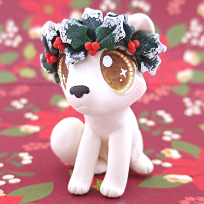 Arctic Fox with Holly Crown Figurine - Polymer Clay Christmas Animals