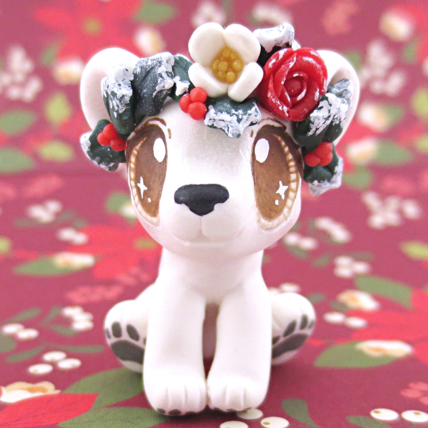 Baby Polar Bear with Winter Flower Crown Figurine - Polymer Clay Christmas Animals