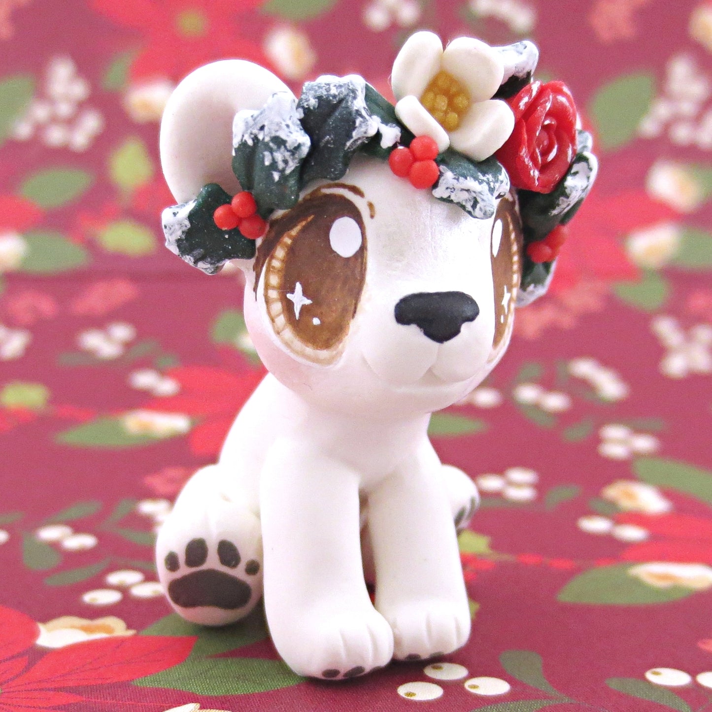 Baby Polar Bear with Winter Flower Crown Figurine - Polymer Clay Christmas Animals