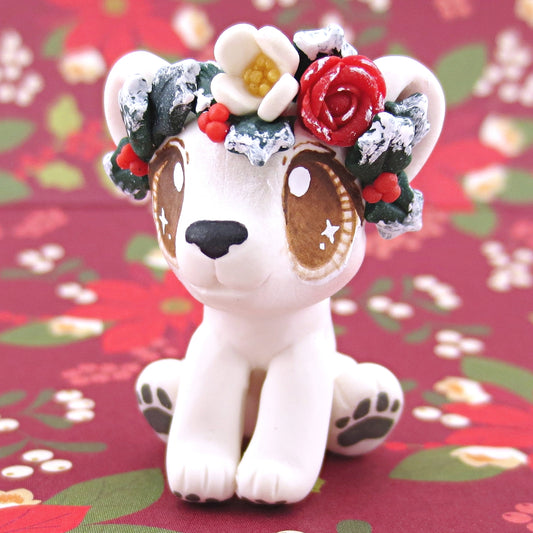 Baby Polar Bear with Winter Flower Crown Figurine - Polymer Clay Christmas Animals