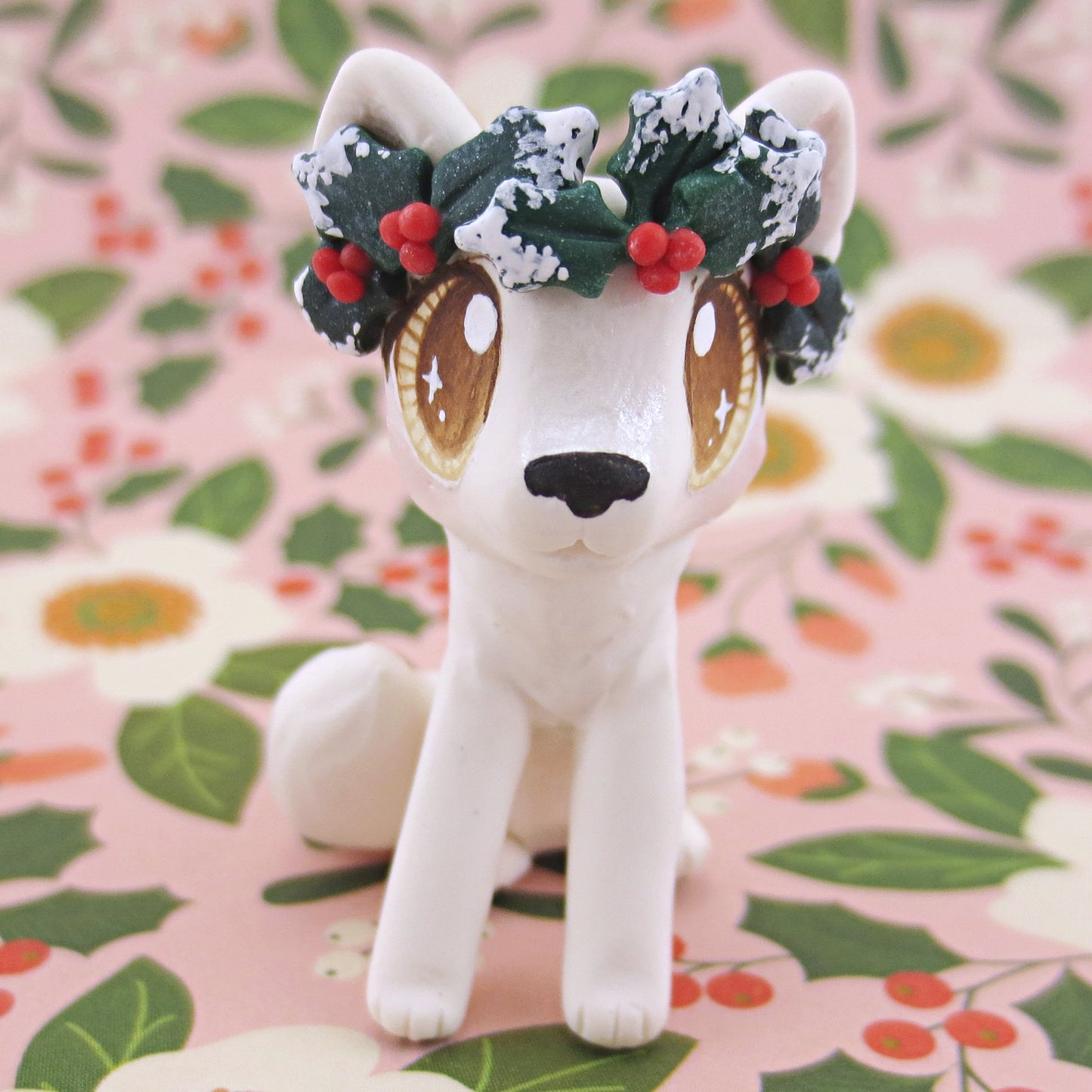 Arctic White Wolf with Holly Crown Figurine - Polymer Clay Christmas Animals