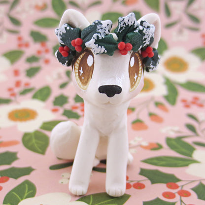 Arctic White Wolf with Holly Crown Figurine - Polymer Clay Christmas Animals