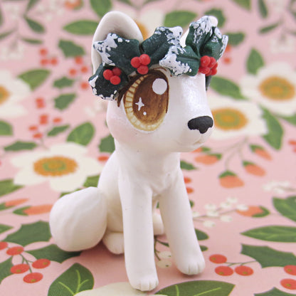 Arctic White Wolf with Holly Crown Figurine - Polymer Clay Christmas Animals