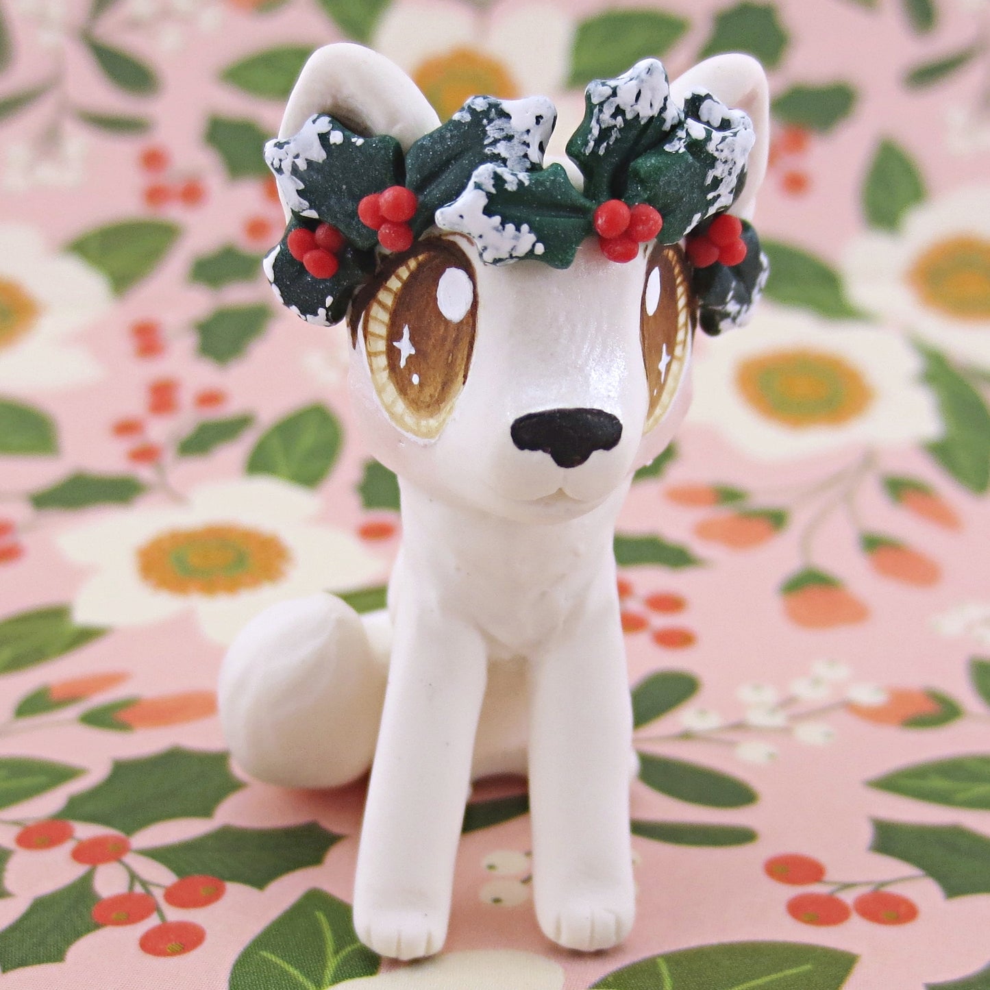 Arctic White Wolf with Holly Crown Figurine - Polymer Clay Christmas Animals