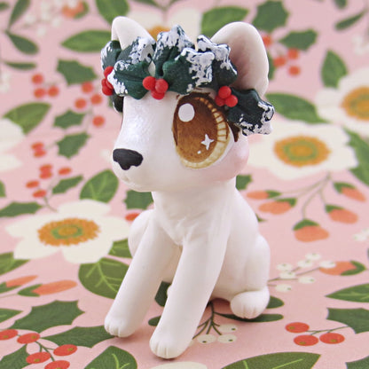 Arctic White Wolf with Holly Crown Figurine - Polymer Clay Christmas Animals