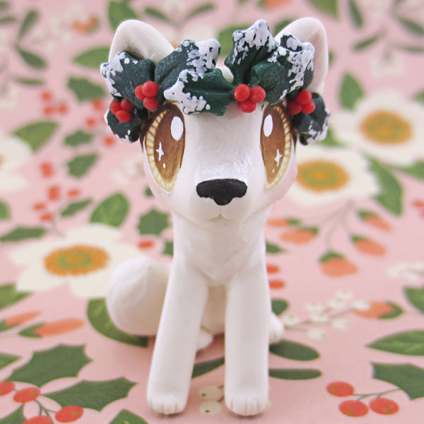 Arctic White Wolf with Holly Crown Figurine - Polymer Clay Christmas Animals