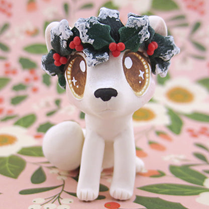 Arctic Fox with Holly Crown Figurine - Polymer Clay Christmas Animals