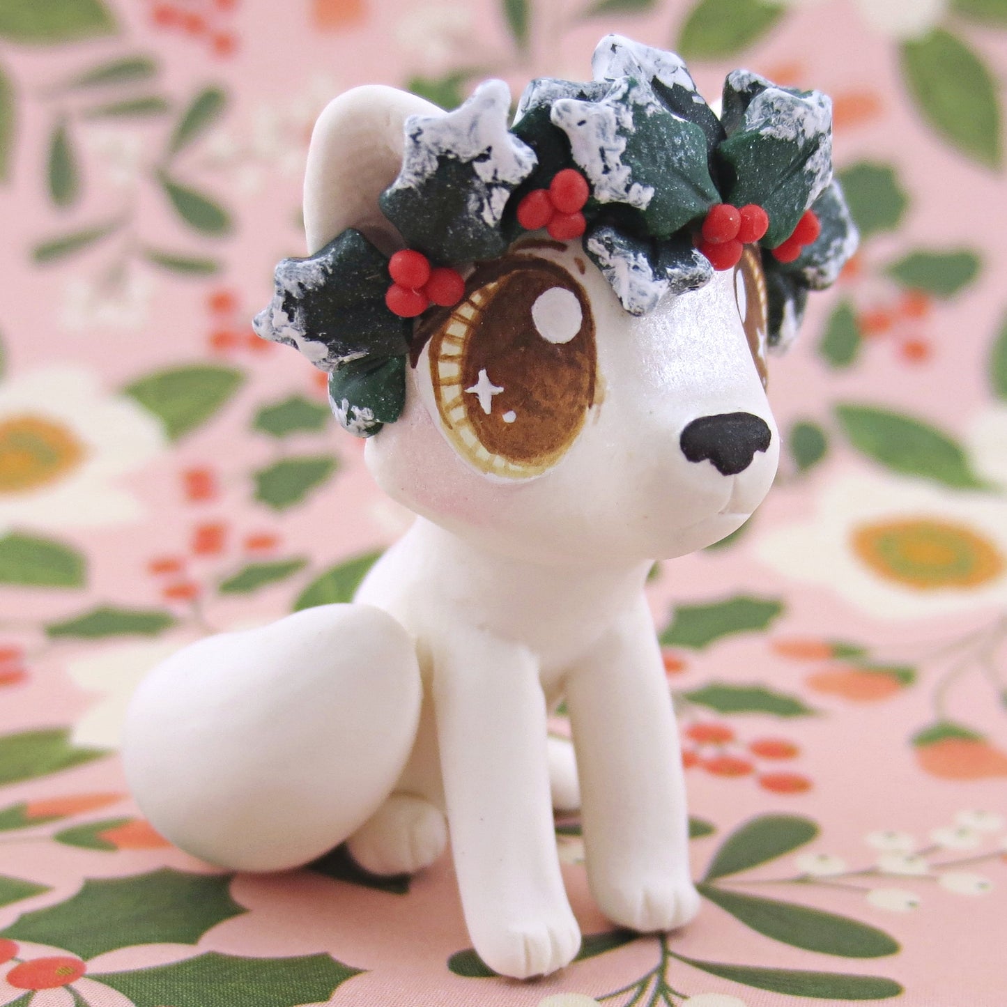 Arctic Fox with Holly Crown Figurine - Polymer Clay Christmas Animals