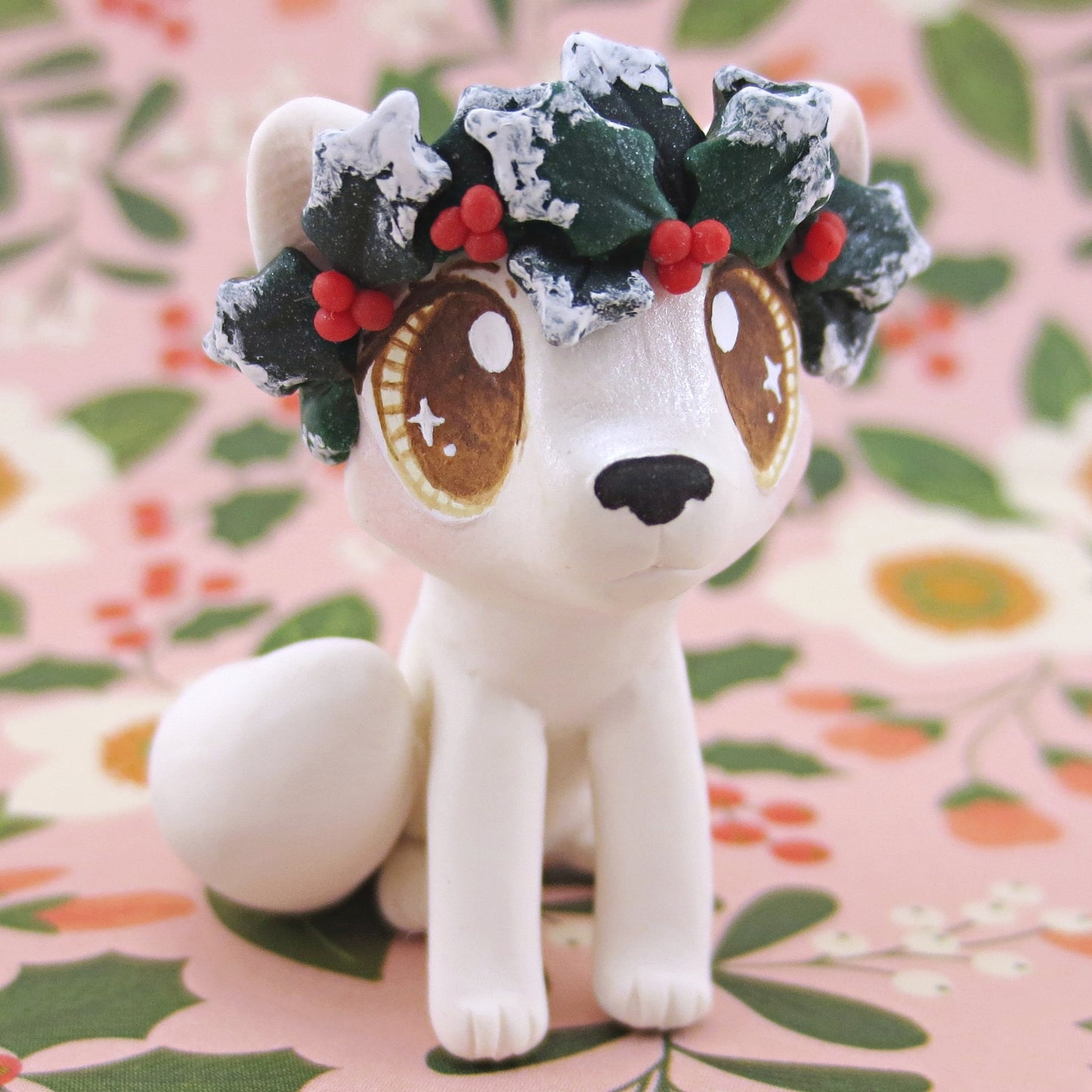 Arctic Fox with Holly Crown Figurine - Polymer Clay Christmas Animals