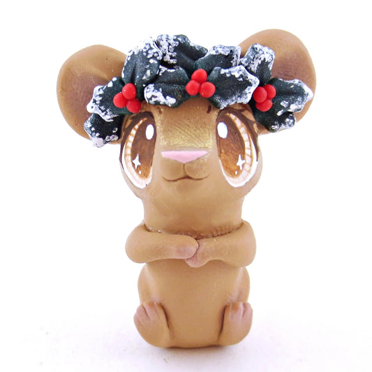 Holly Crown Mouse Figurine - Polymer Clay Christmas Animals