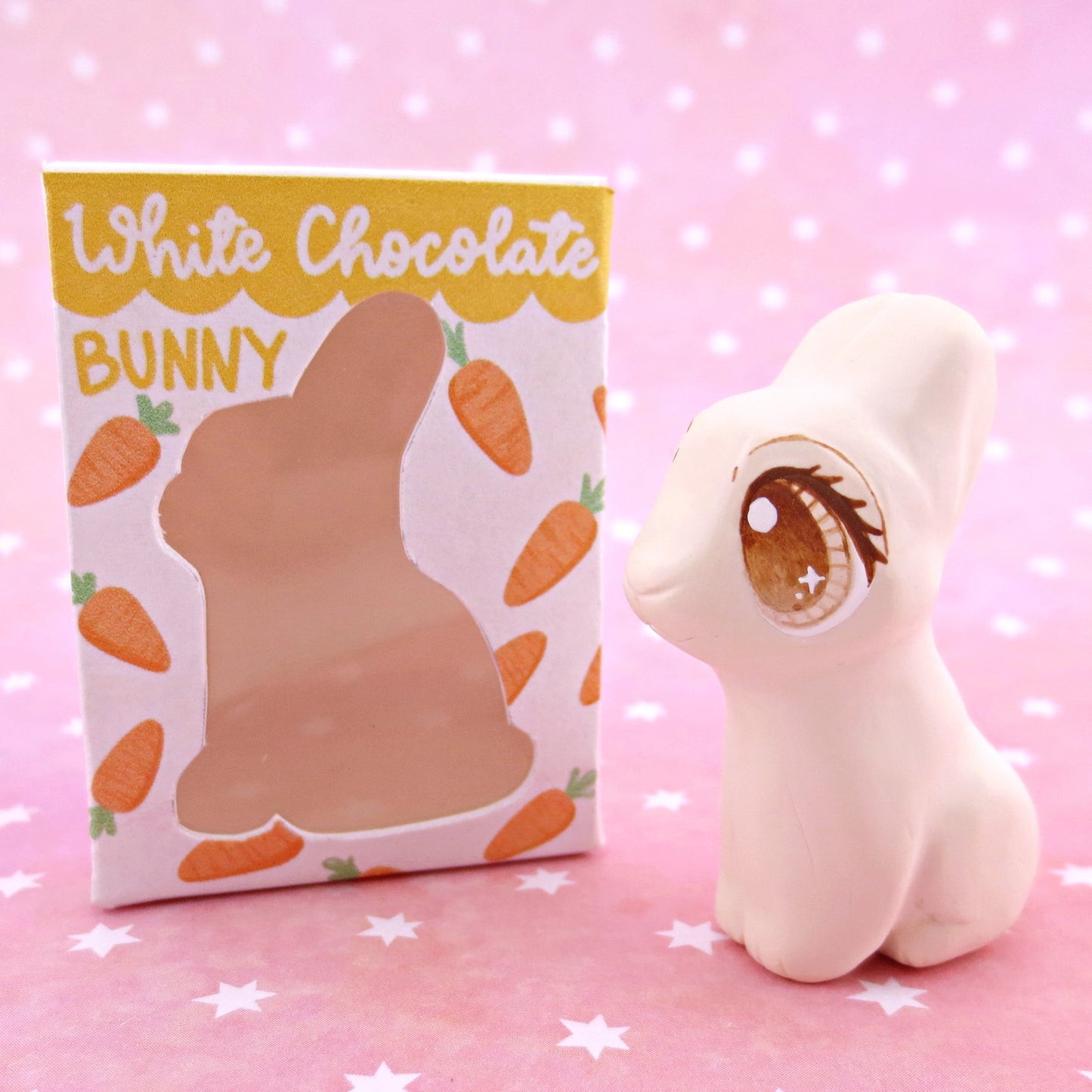 White Chocolate Bunny with Box Figurine - Polymer Clay Spring and Easter Animals