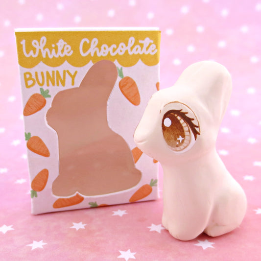 White Chocolate Bunny with Box Figurine - Polymer Clay Spring and Easter Animals