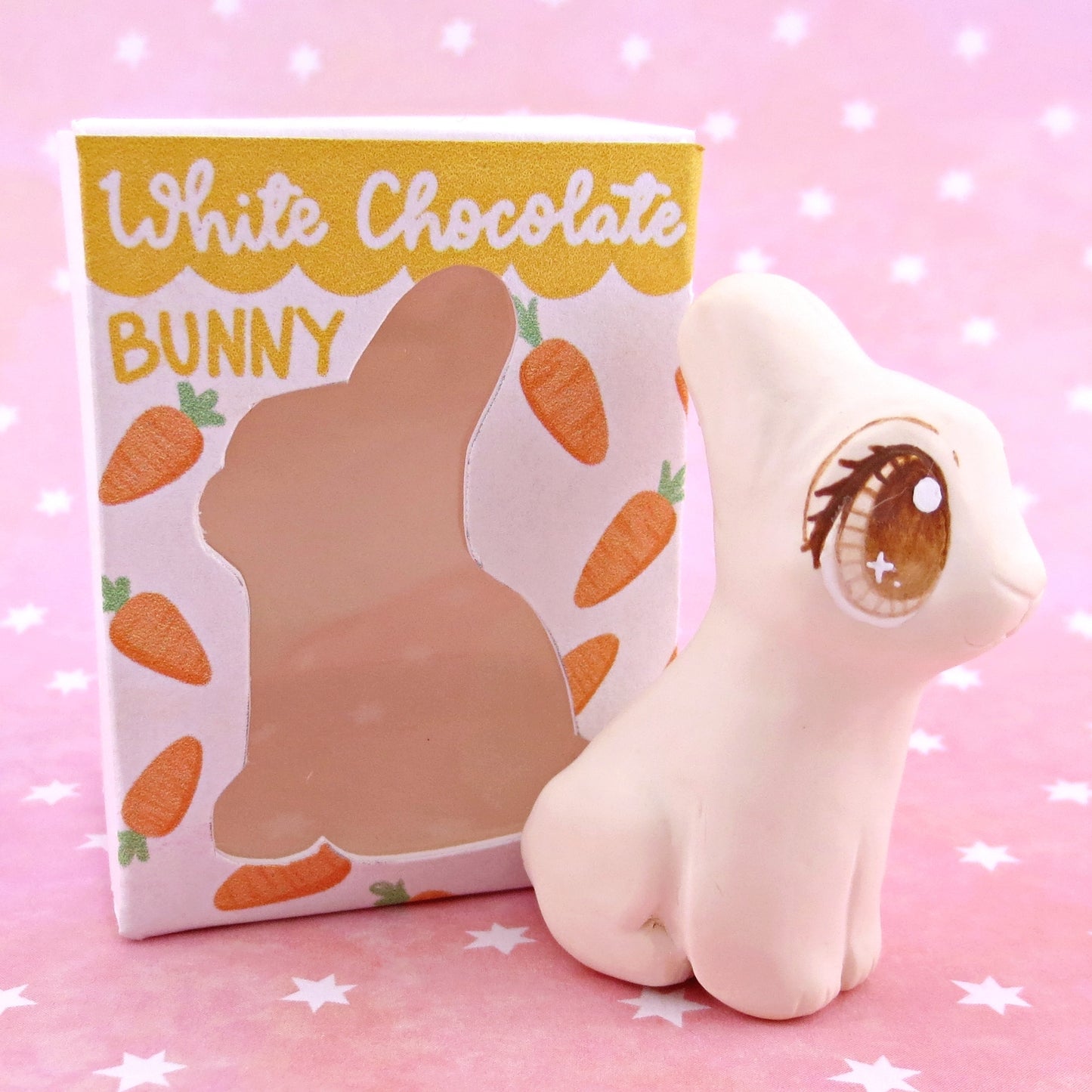 White Chocolate Bunny with Box Figurine - Polymer Clay Spring and Easter Animals