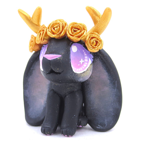 Golden Rose Crown Black Jackalope Figurine - Polymer Clay Animals