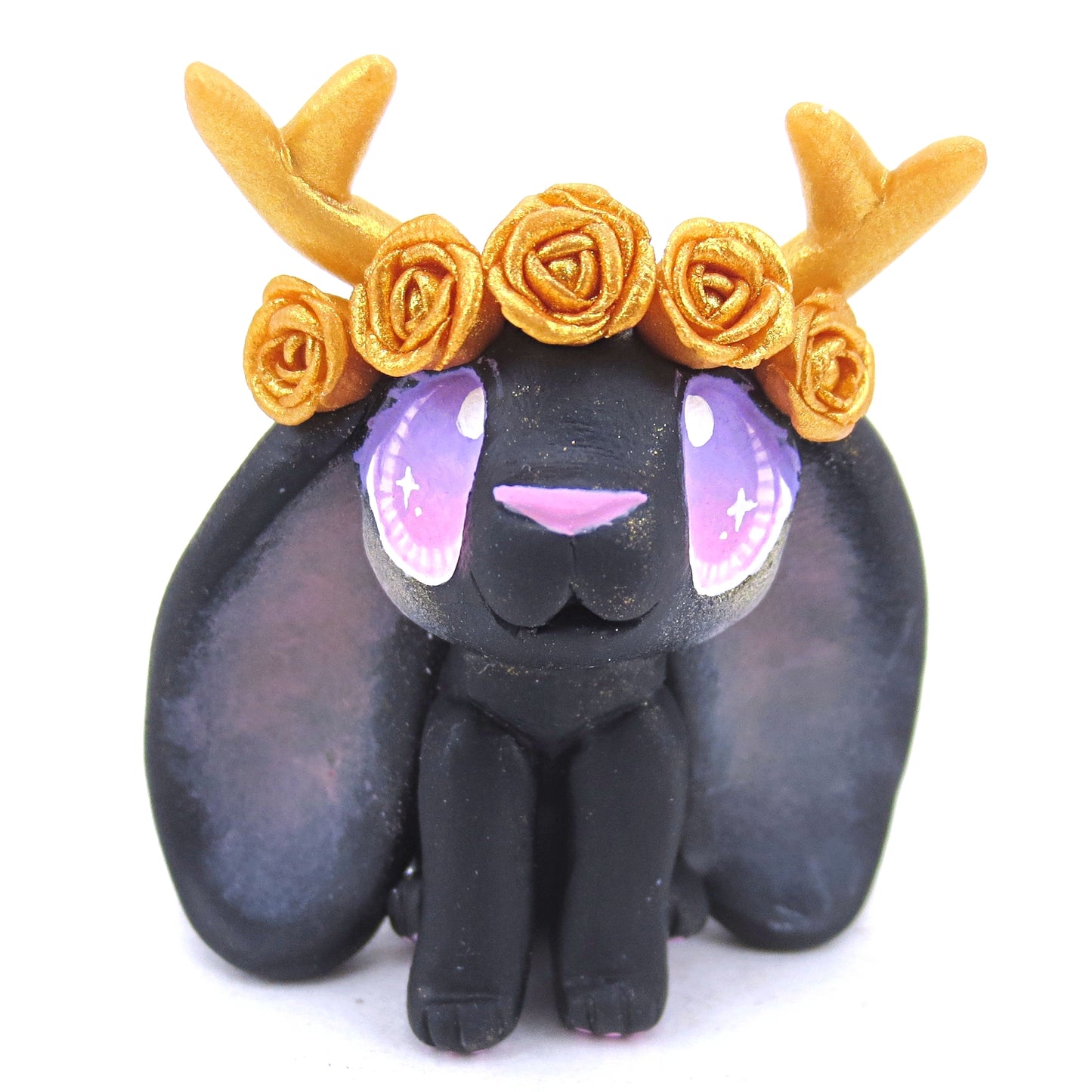 Golden Rose Crown Black Jackalope Figurine - Polymer Clay Animals