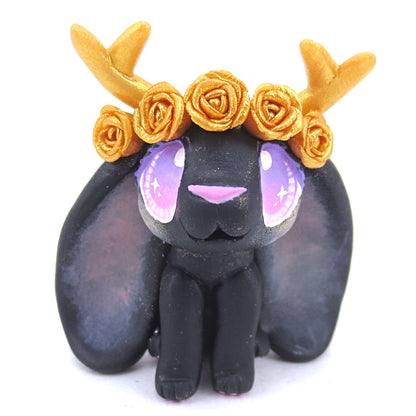 Golden Rose Crown Black Jackalope Figurine - Polymer Clay Animals