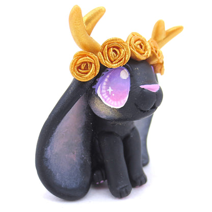 Golden Rose Crown Black Jackalope Figurine - Polymer Clay Animals