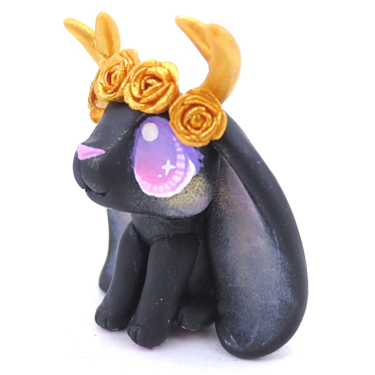 Golden Rose Crown Black Jackalope Figurine - Polymer Clay Animals