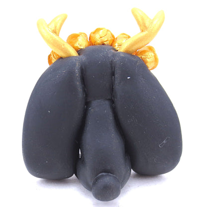 Golden Rose Crown Black Jackalope Figurine - Polymer Clay Animals
