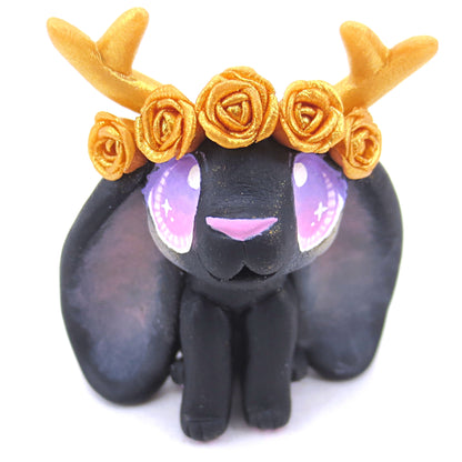 Golden Rose Crown Black Jackalope Figurine - Polymer Clay Animals