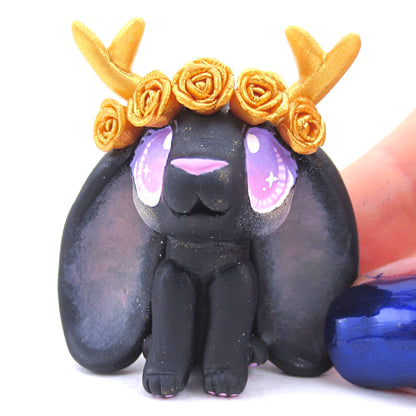 Golden Rose Crown Black Jackalope Figurine - Polymer Clay Animals