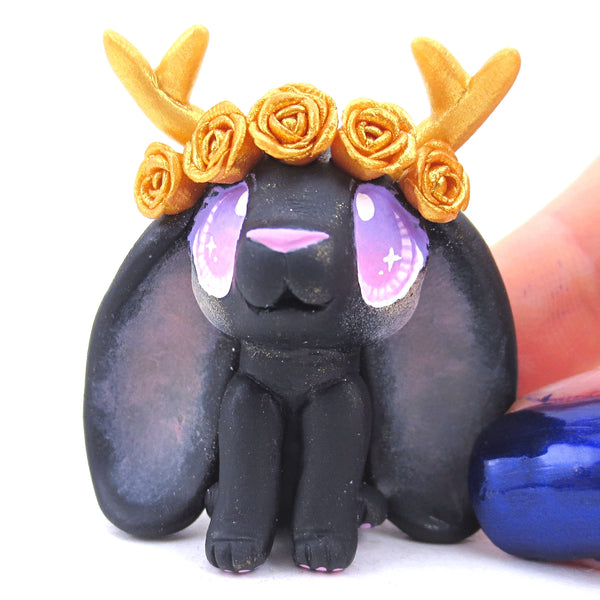 Golden Rose Crown Black Jackalope Figurine - Polymer Clay Animals