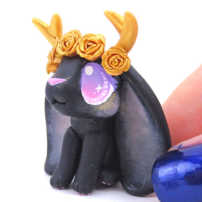 Golden Rose Crown Black Jackalope Figurine - Polymer Clay Animals