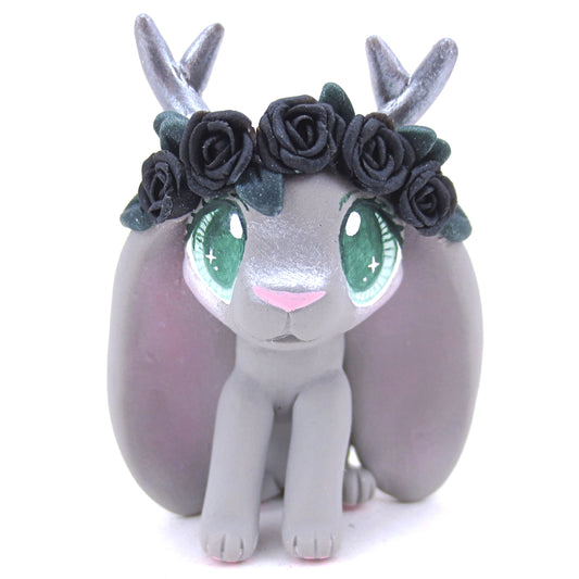 Black Rose Crown Grey Jackalope Figurine - Polymer Clay Animals
