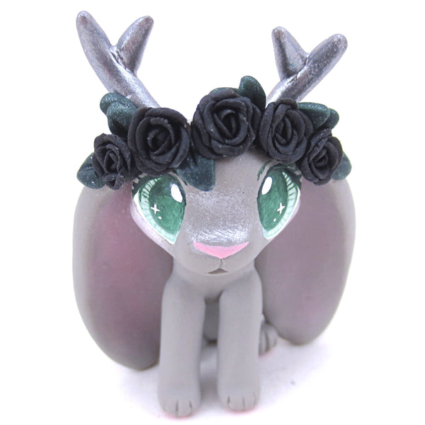 Black Rose Crown Grey Jackalope Figurine - Polymer Clay Animals