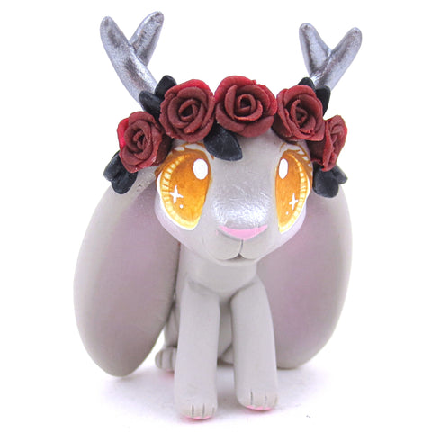 Black and Red Rose Crown Grey Jackalope Figurine - Polymer Clay Animals