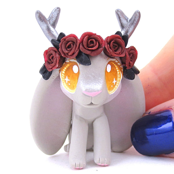 Black and Red Rose Crown Grey Jackalope Figurine - Polymer Clay Animals