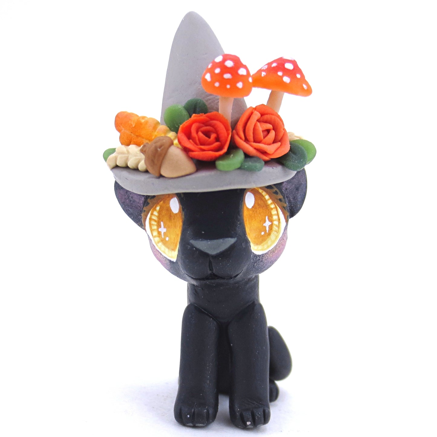 Witch Hat Fall Black Cat Figurine - Polymer Clay Animals