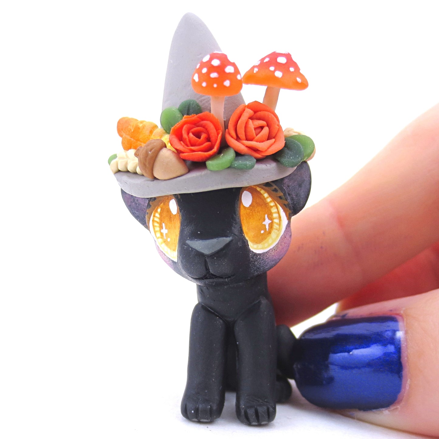 Witch Hat Fall Black Cat Figurine - Polymer Clay Animals