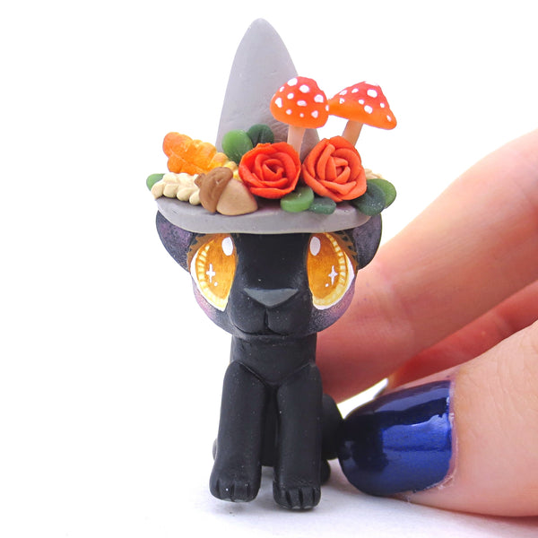 Witch Hat Fall Black Cat Figurine - Polymer Clay Animals