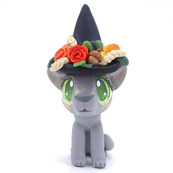 Witch Hat Fall Grey Cat Figurine - Polymer Clay Animals