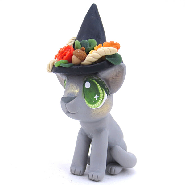 Witch Hat Fall Grey Cat Figurine - Polymer Clay Animals