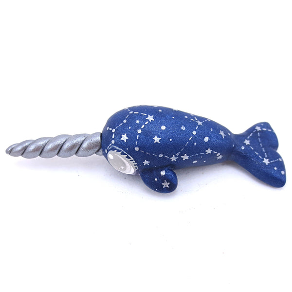 Silver and Blue Constellation Narwhal Figurine - Polymer Clay Animals