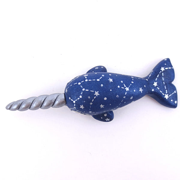 Silver and Blue Constellation Narwhal Figurine - Polymer Clay Animals