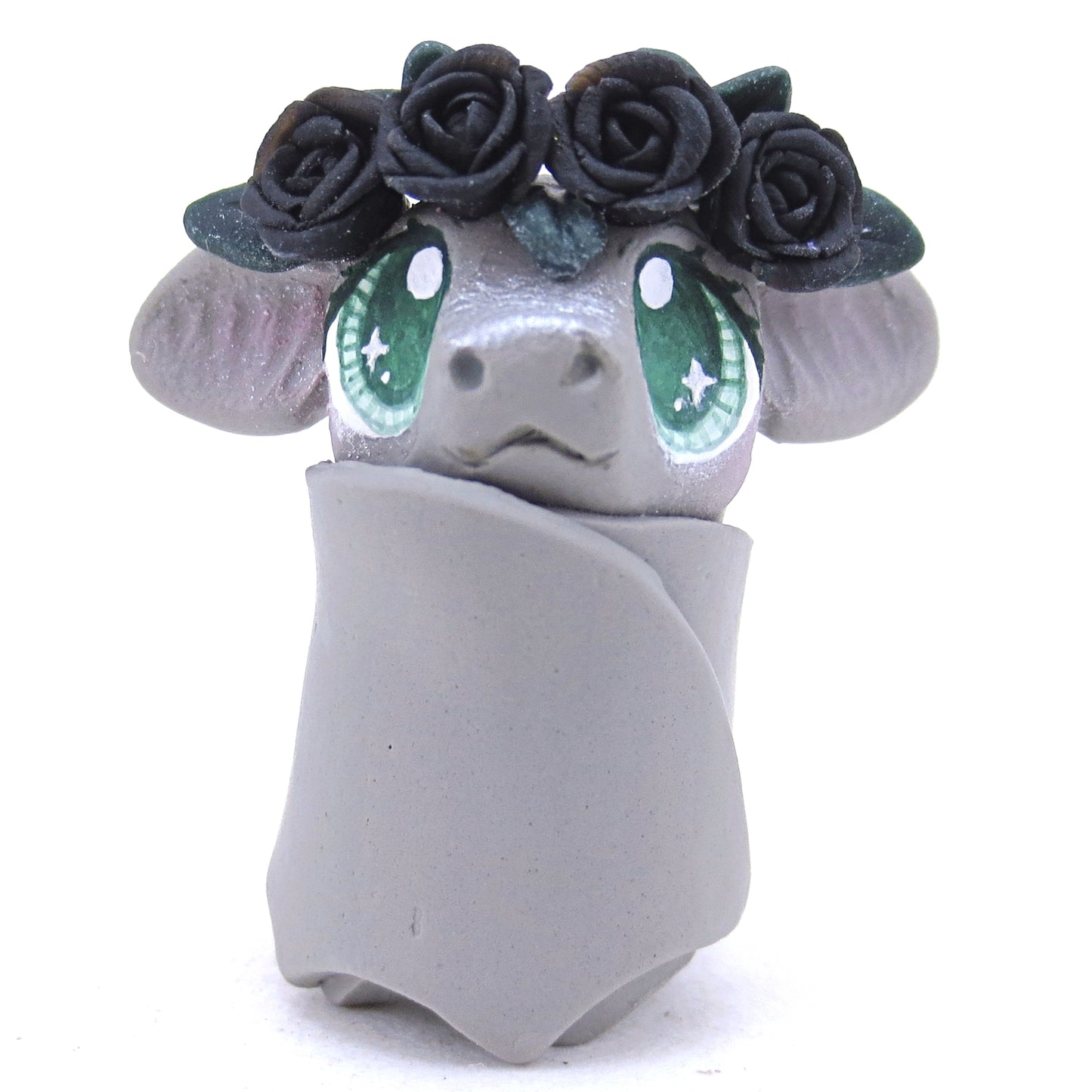 Black Rose Crown Grey Bat Figurine - Polymer Clay Animals